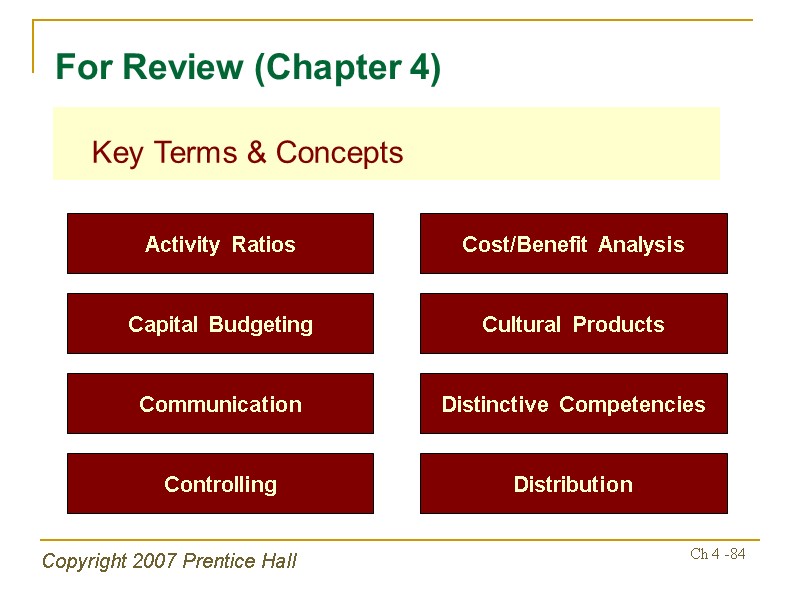 Copyright 2007 Prentice Hall Ch 4 -84  Key Terms & Concepts For Review